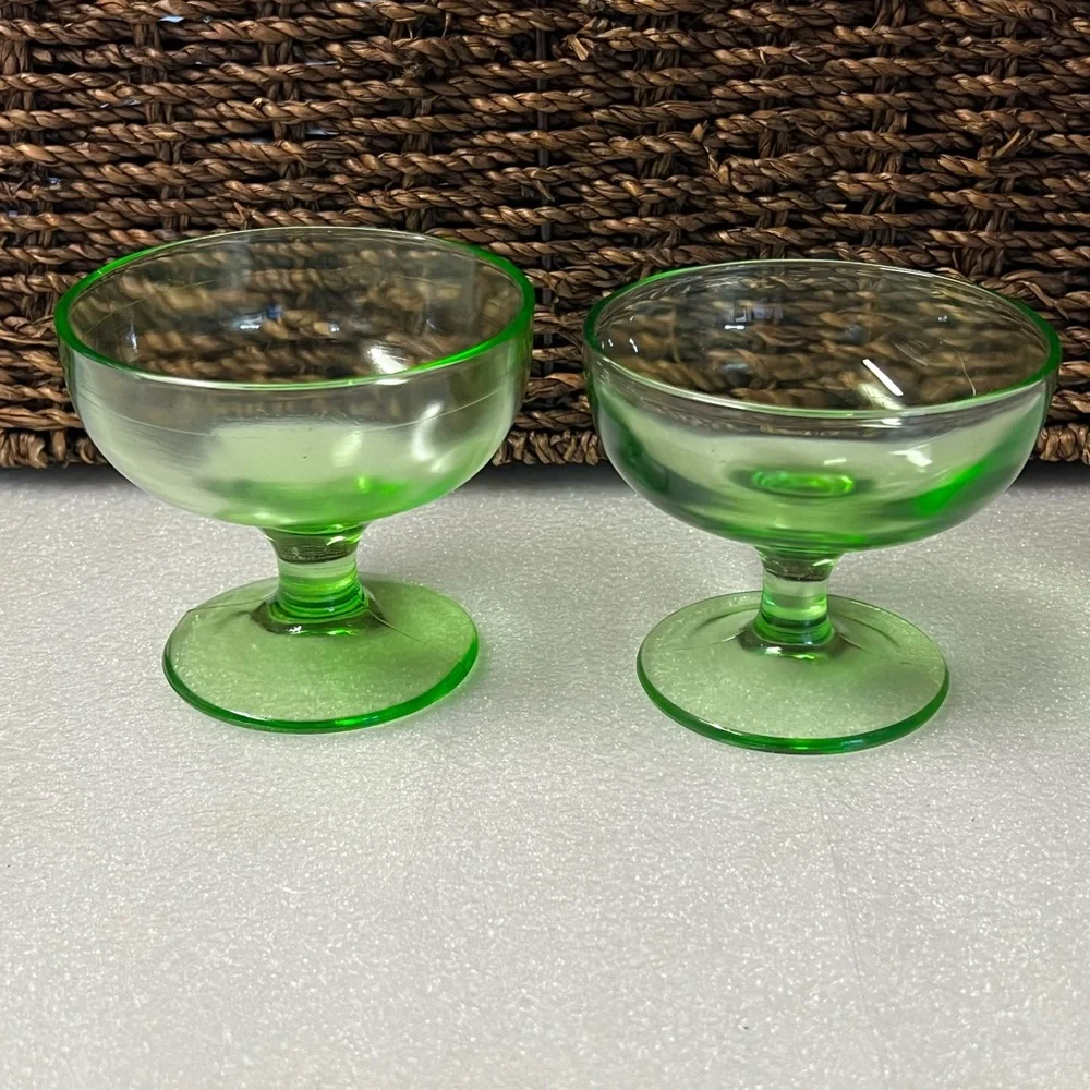 Uranium / Vaseline Glass Vintage Sherbet Ice Cream Pedestal Serving Dishes - 2